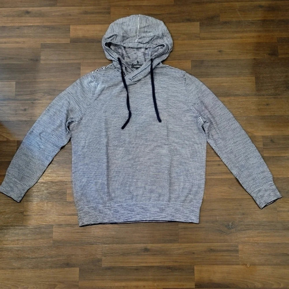 Express Sweater Pullover Striped Knit Hoodie Mens White Navy Blue Cotton Large - Picture 1 of 8
